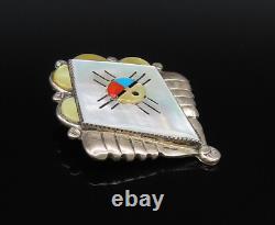 ZUNI NAVAJO 925 Silver Vintage Mother Of Pearl & Stones Brooch Pin BP10043