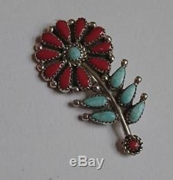 ZUNI NAVAJO Turquoise & Coral Sterling Silver SIGNED Pin Brooch NATIVE AMERICAN