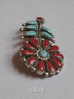 ZUNI NAVAJO Turquoise & Coral Sterling Silver SIGNED Pin Brooch NATIVE AMERICAN