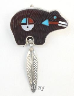 ZUNI Native American Silver Carved Onyx Turquoise Coral Bear Brooch Pendant Pin
