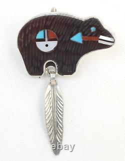 ZUNI Native American Silver Carved Onyx Turquoise Coral Bear Brooch Pendant Pin