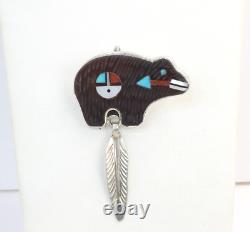 ZUNI Native American Silver Carved Onyx Turquoise Coral Bear Brooch Pendant Pin