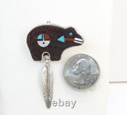 ZUNI Native American Silver Carved Onyx Turquoise Coral Bear Brooch Pendant Pin