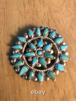ZUNI PETIT POINT STERLING OLD PAWN, SLEEPING BEAUTY TURQUOISE. 11.5 g 1 5/8PIN
