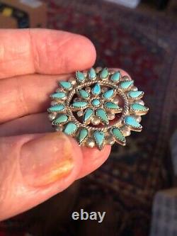 ZUNI PETIT POINT STERLING OLD PAWN, SLEEPING BEAUTY TURQUOISE. 11.5 g 1 5/8PIN