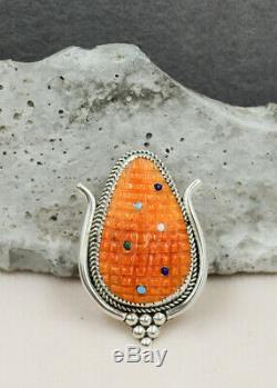 ZUNI-SPINY OYSTER & STERLING CORN PIN/PENDANT by BEVERLY ETSATE-NATIVE AMERICAN