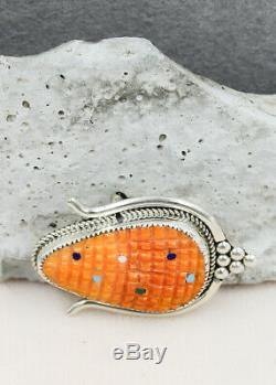 ZUNI-SPINY OYSTER & STERLING CORN PIN/PENDANT by BEVERLY ETSATE-NATIVE AMERICAN