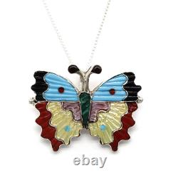 ZUNI-STERLING SILVER & STONE INLAY BUTTERFLY PIN/PENDANT by TAMARA PINTO