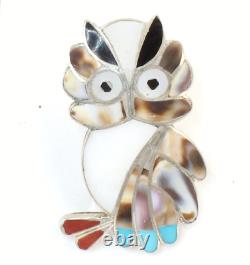 ZUNI Snowa Esalion Owl Native American Silver Mother of pearl Brooch Pin Signed
