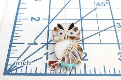 ZUNI Snowa Esalion Owl Native American Silver Mother of pearl Brooch Pin Signed