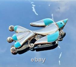 Zuni 925 Sterling Silver Turquoise And Mother Of Pearl Bird Brooch Pendant