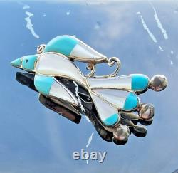 Zuni 925 Sterling Silver Turquoise And Mother Of Pearl Bird Brooch Pendant