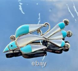 Zuni 925 Sterling Silver Turquoise And Mother Of Pearl Bird Brooch Pendant