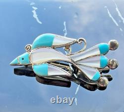 Zuni 925 Sterling Silver Turquoise And Mother Of Pearl Bird Brooch Pendant