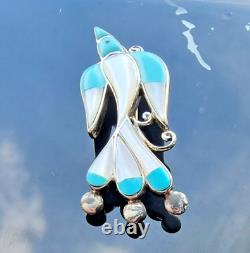 Zuni 925 Sterling Silver Turquoise And Mother Of Pearl Bird Brooch Pendant