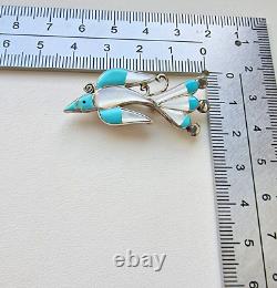 Zuni 925 Sterling Silver Turquoise And Mother Of Pearl Bird Brooch Pendant