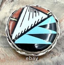 Zuni Artist C. C. BOOQUA Sterling Silver TURQUOISE Jet Coral Inlay Pin Pendant