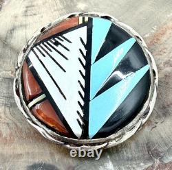Zuni Artist C. C. BOOQUA Sterling Silver TURQUOISE Jet Coral Inlay Pin Pendant