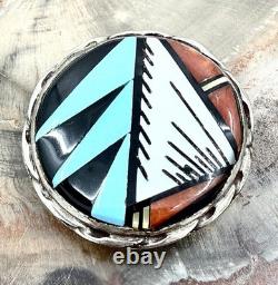 Zuni Artist C. C. BOOQUA Sterling Silver TURQUOISE Jet Coral Inlay Pin Pendant
