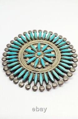 Zuni Artist Signed Sterling Silver Needlepoint Turquoise Brooch Pin Pendant (58)