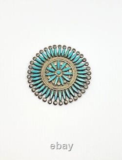 Zuni Artist Signed Sterling Silver Needlepoint Turquoise Brooch Pin Pendant (58)