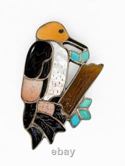 Zuni Brooch Pendant Signed Eva Etsate Bird Inlay Woodpecker