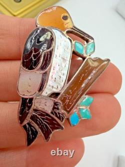 Zuni Brooch Pendant Signed Eva Etsate Bird Inlay Woodpecker