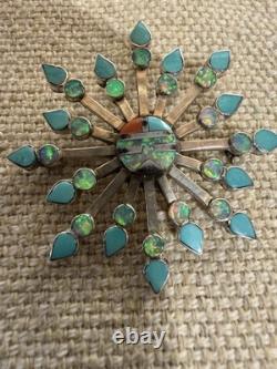 Zuni Designer Vera Halusewa Sterling Silver 925 Turquoise Star Brooch Pendant