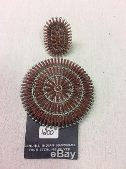 Zuni Handmade Sterling Silver Coral Necklace / Pin and Ring Set Signed
