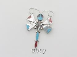 Zuni Handmade Sterling Silver Multi-Stone Dragonfly Pin / Pendant