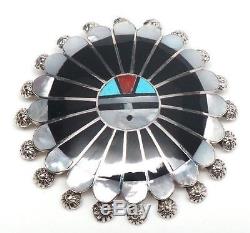 Zuni Handmade Sterling Silver Multi Stone Inlay Sunface Pendant/Pin -Abel Soseah