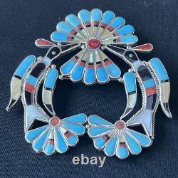 Zuni Handmade Sterling Silver Water Bird Inlay Pin/Pendant -Lynnette Lawakete