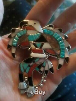Zuni Indian L. LAIWAKETE Eagle Pendant + Brooch Pin Sterling Multi Gemstones Big