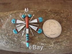 Zuni Indian Sterling Silver Turquoise & Coral Inlay Dragonfly Pin/Pendant! Wayne
