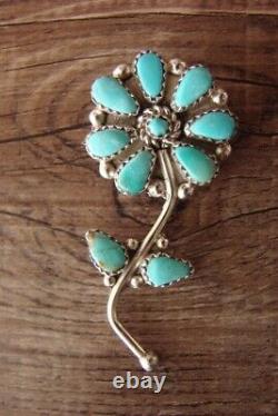 Zuni Indian Sterling Silver Turquoise Flower Pin/Pendant by K. Quam