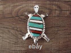 Zuni Indian Sterling Silver Turquoise Inlay Turtle Pin/Pendant by Wayne Haloo
