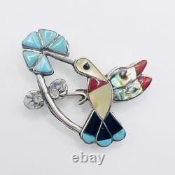 Zuni Inlay Hummingbird Pin Pendant Sterling Silver Turquoise Coral MOP Onyx VTG