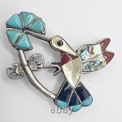 Zuni Inlay Hummingbird Pin Pendant Sterling Silver Turquoise Coral MOP Onyx VTG