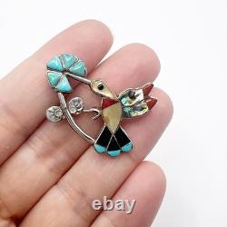 Zuni Inlay Hummingbird Pin Pendant Sterling Silver Turquoise Coral MOP Onyx VTG