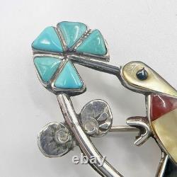Zuni Inlay Hummingbird Pin Pendant Sterling Silver Turquoise Coral MOP Onyx VTG