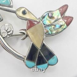 Zuni Inlay Hummingbird Pin Pendant Sterling Silver Turquoise Coral MOP Onyx VTG
