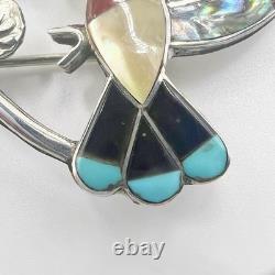 Zuni Inlay Hummingbird Pin Pendant Sterling Silver Turquoise Coral MOP Onyx VTG