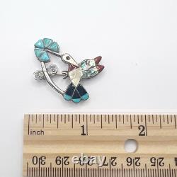 Zuni Inlay Hummingbird Pin Pendant Sterling Silver Turquoise Coral MOP Onyx VTG