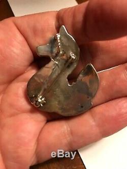 Zuni Inlay Sterling Silver Pin Pendant Carved Fox Darrell Shebola