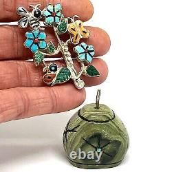 Zuni Inlay Tree of Life Bee Turquoise Pendant Pin w Display Stand Sterling VTG