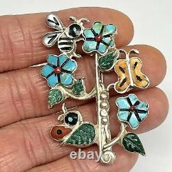 Zuni Inlay Tree of Life Bee Turquoise Pendant Pin w Display Stand Sterling VTG