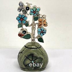 Zuni Inlay Tree of Life Bee Turquoise Pendant Pin w Display Stand Sterling VTG