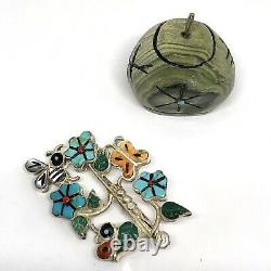 Zuni Inlay Tree of Life Bee Turquoise Pendant Pin w Display Stand Sterling VTG