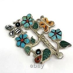 Zuni Inlay Tree of Life Bee Turquoise Pendant Pin w Display Stand Sterling VTG