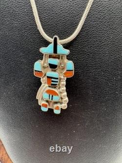 Zuni Kachina Dancer Pendant Chain Turquoise Coral Pin Selena Jake Sterling 6.11g